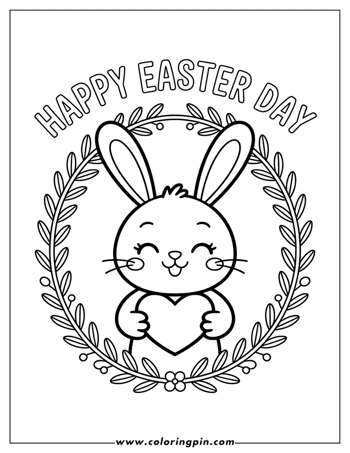Line art illustration of the Easter Bunny holding a heart, framed by a decorative wreath of leaves and berries. The words "Happy Easter Day" appear above the bunny. This is a design for a coloring sheet.