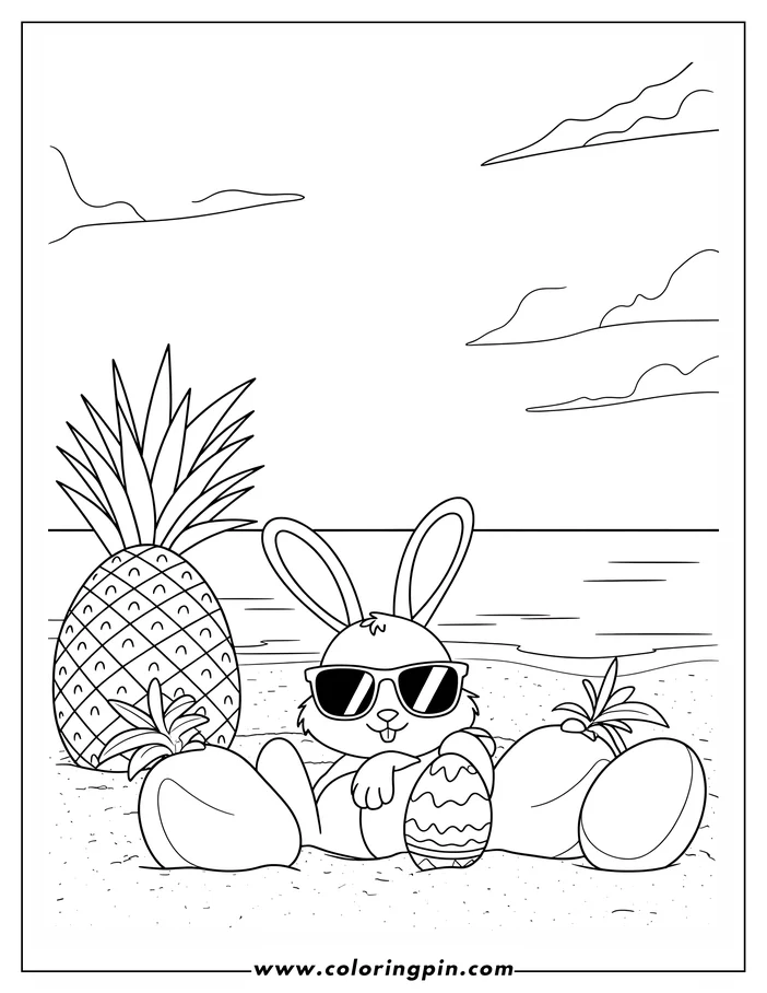 Line art of the Easter Bunny relaxing on a beach. The bunny wears sunglasses and leans against a decorated Easter egg. A pineapple, coconuts, and a simple ocean and sky backdrop complete the coloring sheet design.