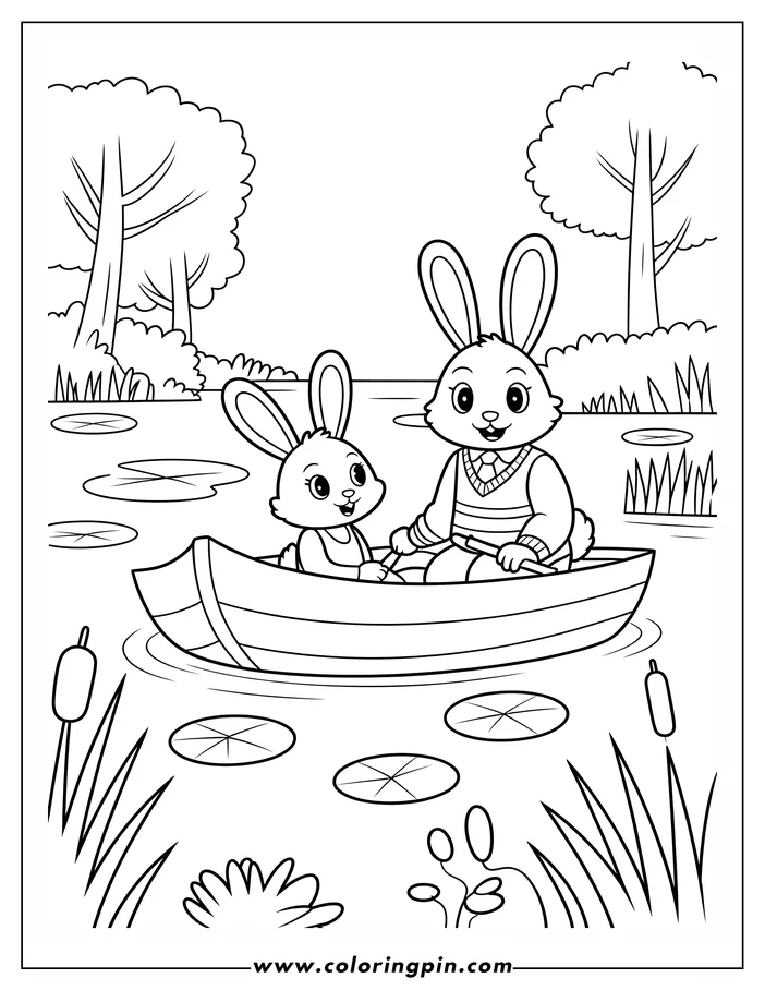 Coloring page depicting two Easter bunnies in a rowboat on a pond. The larger bunny rows with oars, while a smaller bunny sits at the front.  Lily pads and cattails surround the boat, and trees line the background.  A simple line art drawing for coloring.