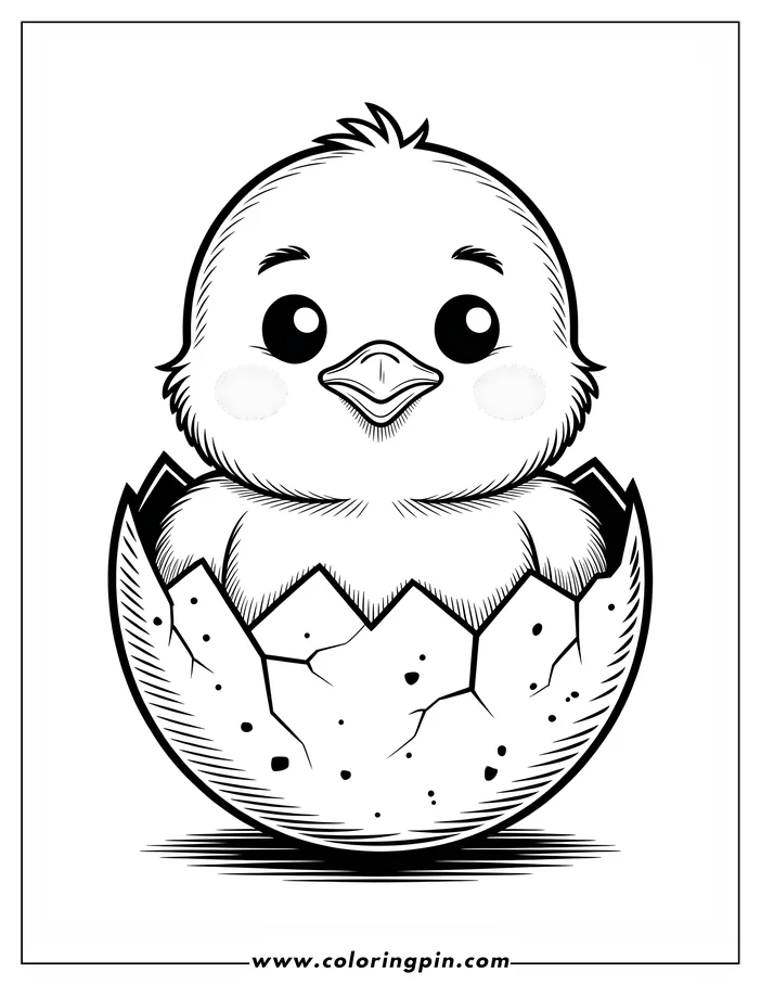 Line art of an Easter chick hatching from an egg. The chick has large eyes and rosy cheeks, and the eggshell is cracked around it. This is a design for a coloring sheet.