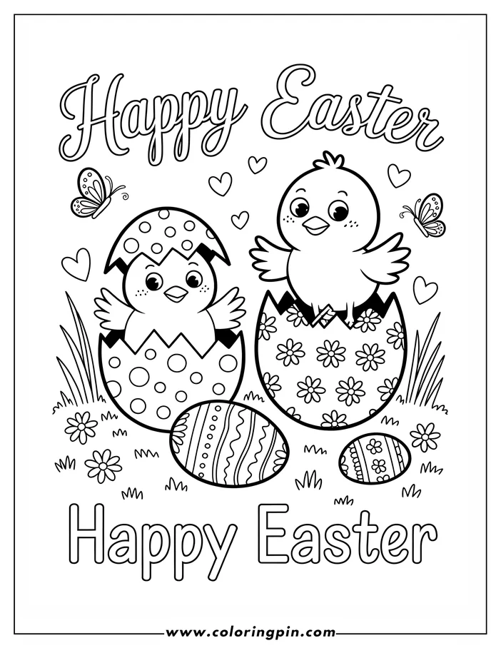 A cheerful Easter coloring page depicts two baby chicks hatching from decorated eggs. One chick is emerging from a polka-dotted egg, and the other perches on a floral egg. Two more decorated eggs lie in the grass, with butterflies and hearts adding to the festive scene. This line art design is ready for coloring.