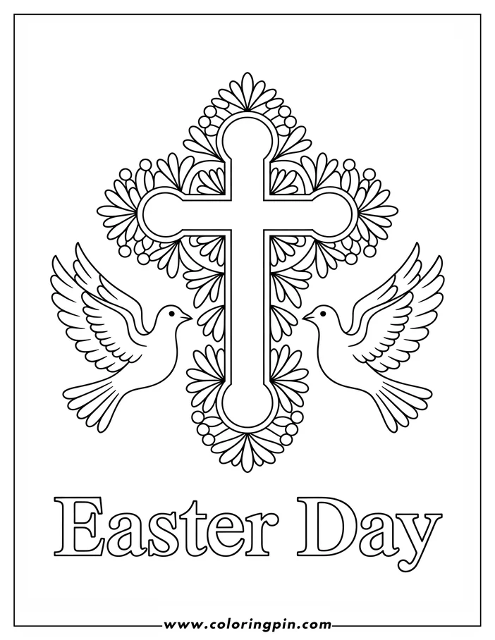 Line art of an Easter cross decorated with flowers and flanked by two doves.  A coloring page design.