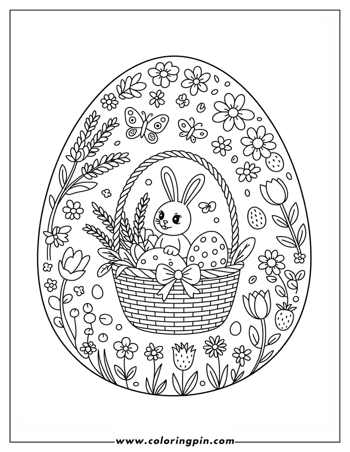A coloring page design featuring a large Easter egg shape filled with spring elements. In the center is a woven basket with a cute bunny, decorated eggs, flowers, and wheat. The background is decorated with more flowers, butterflies, and eggs.
