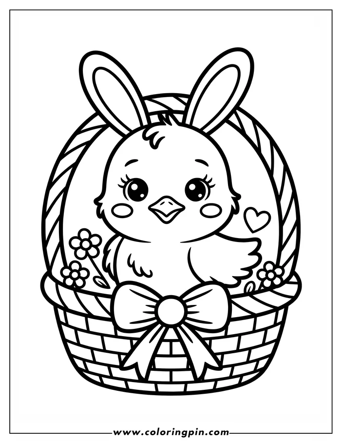 Line art of a cartoon chick wearing bunny ears and sitting in an Easter basket decorated with a bow and flowers. This is a coloring page design.