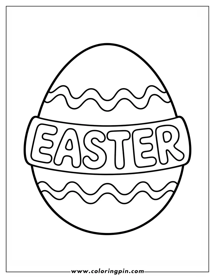 Simple outline drawing of an Easter egg decorated with wavy lines and the word "EASTER" across the center, designed as a coloring sheet.