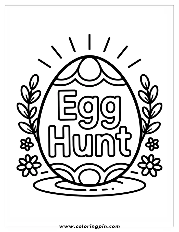 Line art of an Easter egg decorated with wavy lines and the words "Egg Hunt." Simple leaves, flowers, and stylized rays surround the egg. This design is intended for a coloring page.
