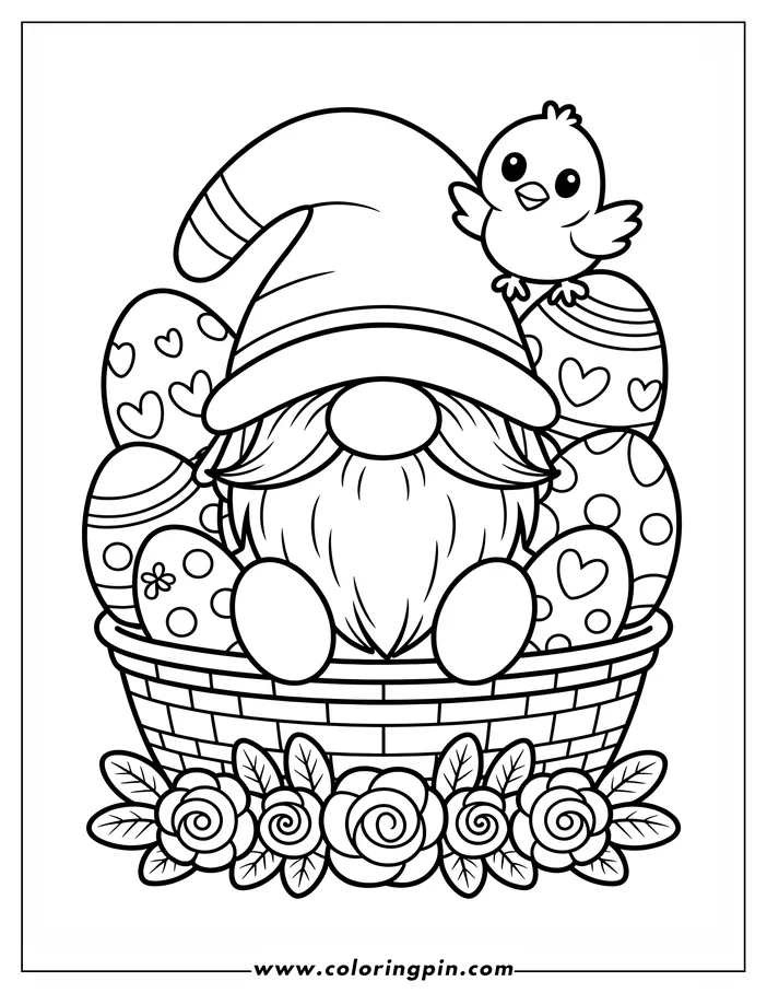 Line art of an Easter-themed coloring page. A gnome with a striped hat and long beard sits in a basket brimming with decorated Easter eggs. A small chick perches on one of the eggs, and roses adorn the base of the basket.