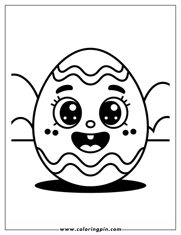 Simple, cute line art of an Easter egg with wavy stripes, large, expressive eyes, and a cheerful smile.  This coloring sheet design is perfect for kids.