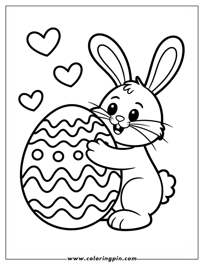 Line art of a bunny hugging a large Easter egg decorated with wavy lines and circles. Three hearts float above. Perfect for a festive coloring activity.