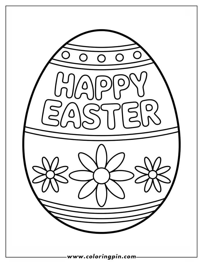 Line art of an Easter egg decorated with the words 'Happy Easter' and three simple flowers, designed as a coloring sheet.