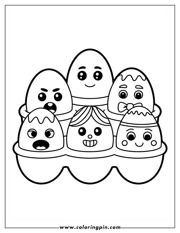Line art of six Easter eggs with cute faces sitting in an egg carton.  This coloring sheet design features various expressions and decorations on the eggs, perfect for a springtime coloring activity.