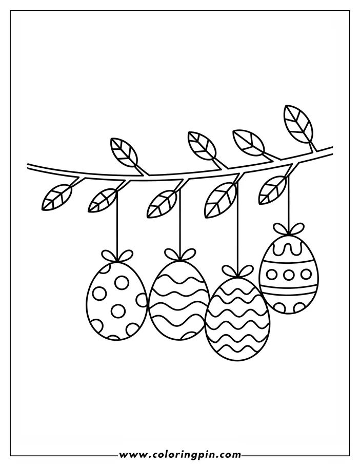 Simple line art of four Easter eggs hanging from a leafy branch, ready to be colored. The eggs have different patterns, creating a fun design for an Easter coloring activity.