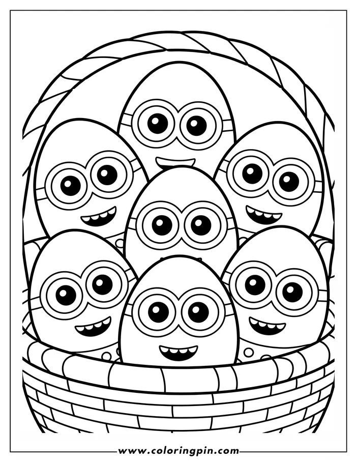 A coloring page depicts a wicker basket brimming with seven Easter eggs. Each egg has a minion's face, complete with signature goggles and a joyful grin, ready for coloring.