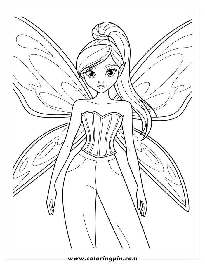 Line art of a fairy with large, patterned wings, wearing a corset top and pants, with her hair in a ponytail.