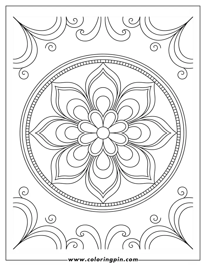 Intricate line art of a flower mandala with rounded petals inside a decorative circle. Surrounding swirls add to the detailed design.