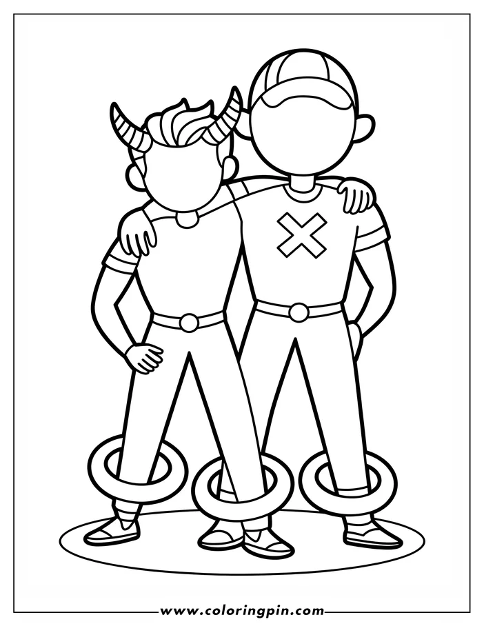 Two friends with rings around their ankles, standing with arms around each other.