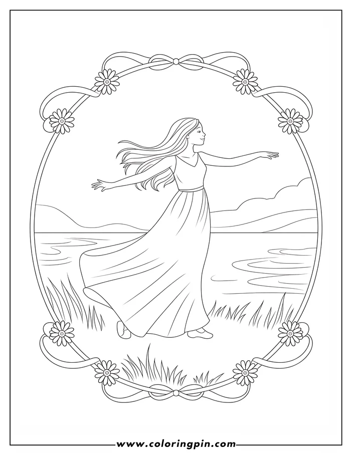 Outline of a girl with long hair, wearing a dress, standing by a lake with hills in the background. The image has a decorative floral border.