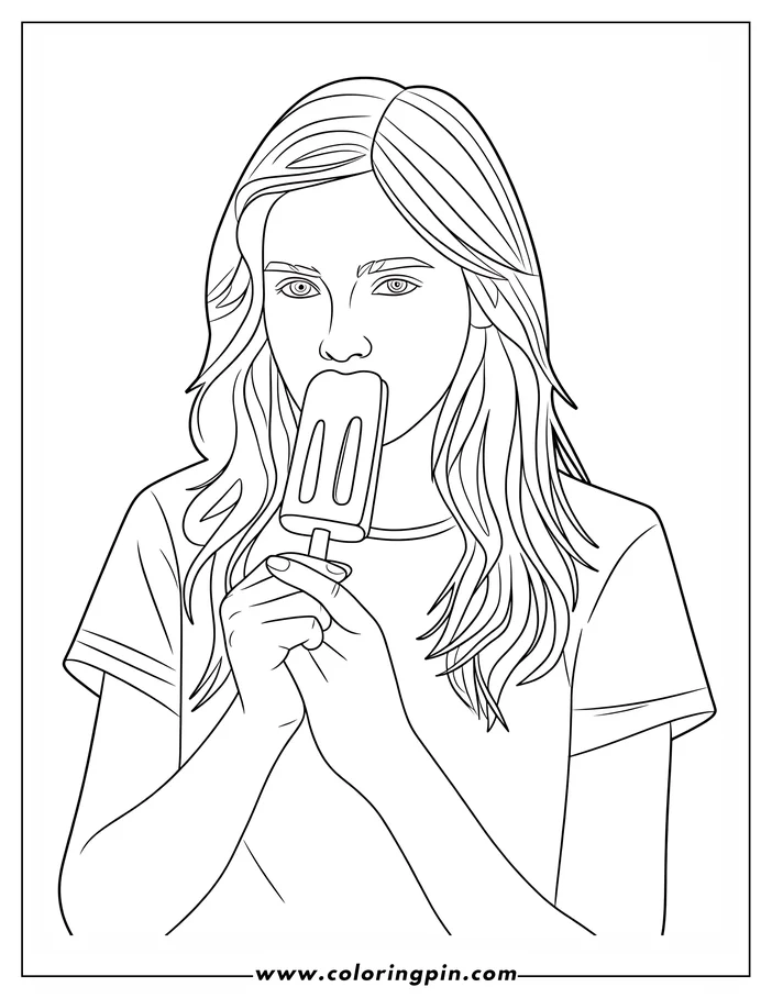 Line art of a girl eating a popsicle. She has long hair and is wearing a t-shirt.