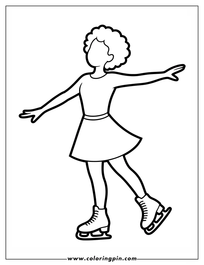 Line art of a girl ice skating with arms outstretched, wearing a skirt and skates.