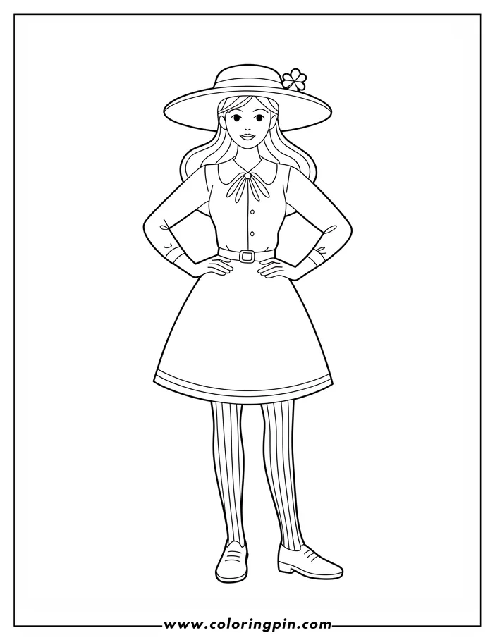 Line art of a girl wearing a sunhat, dress, and striped stockings.