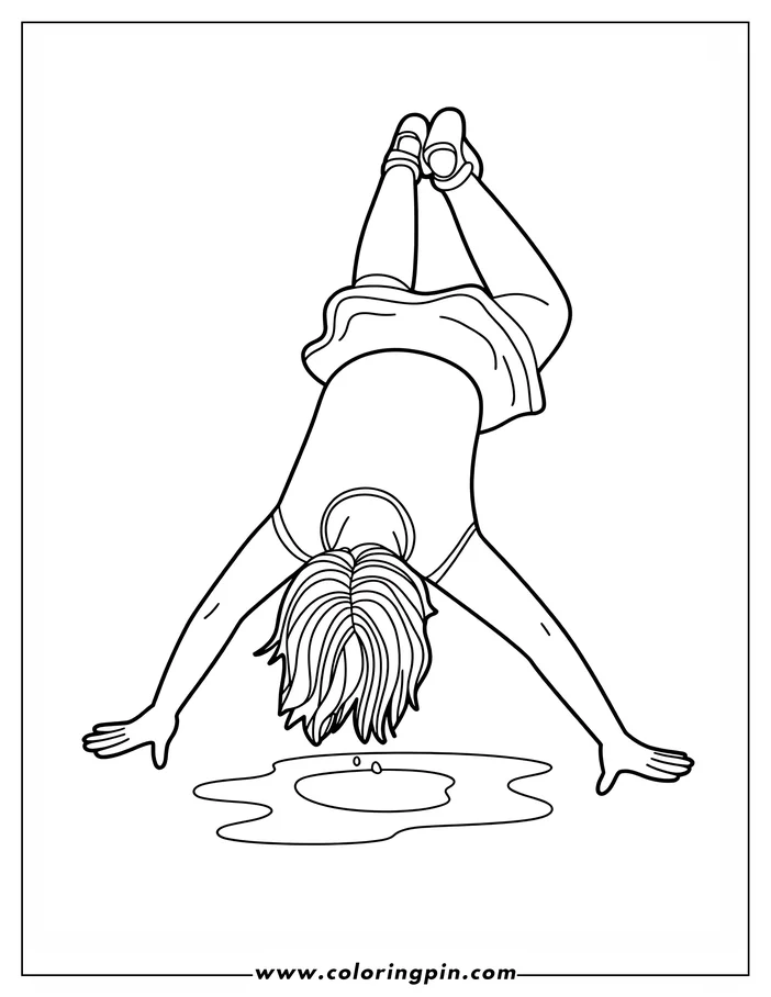 Outline of a girl bending over with her hands on either side of a puddle on the ground