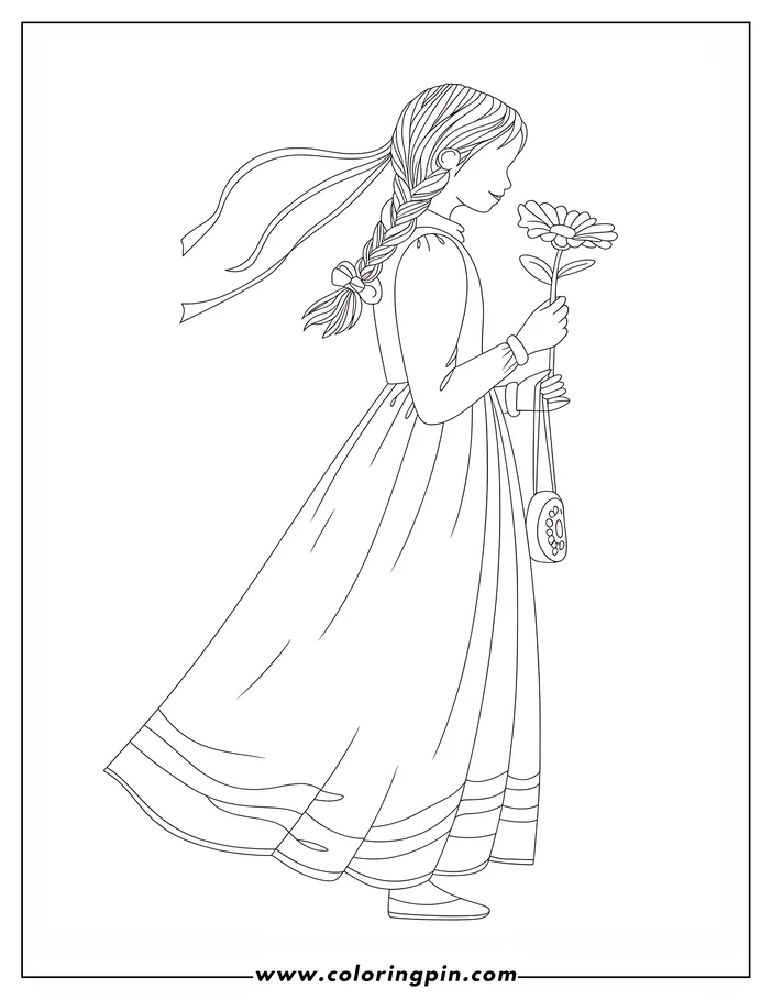Line art of a girl smelling a flower. She has a long braid tied with ribbons and carries a small purse.