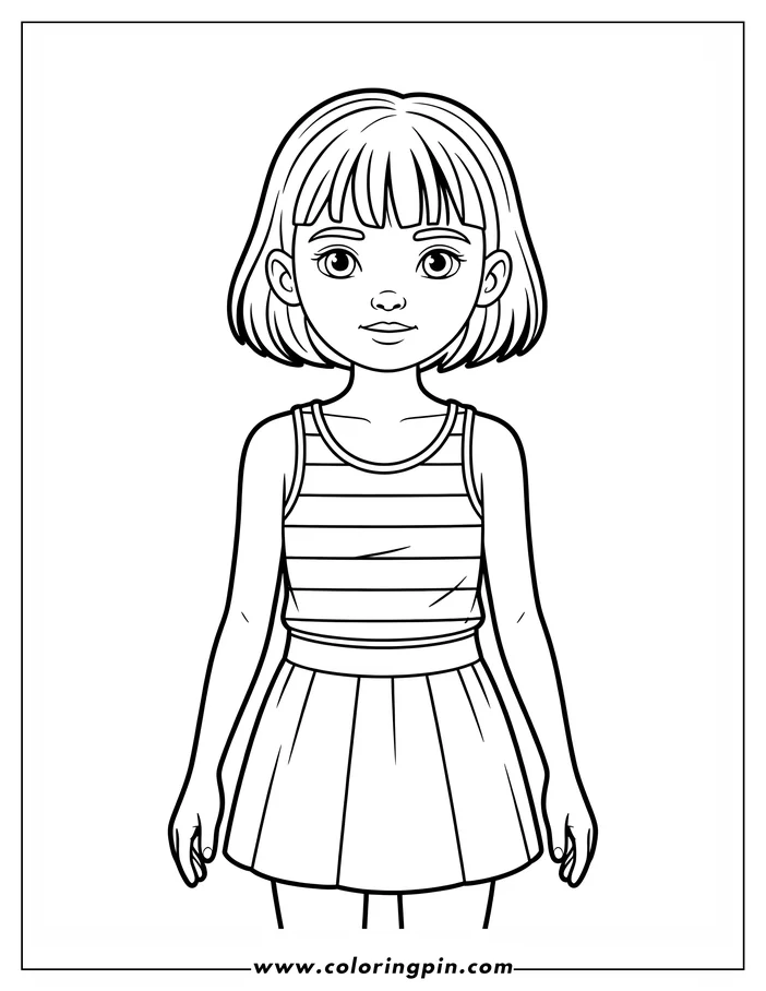Outline of a girl wearing a striped top and a pleated skirt.