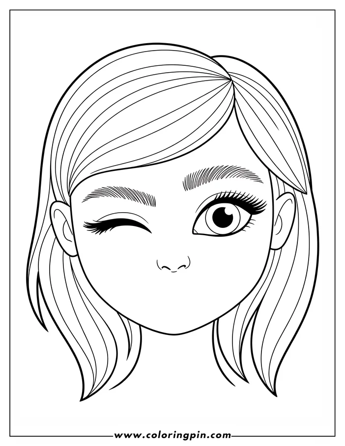 Line art of a girl winking. She has a bob haircut and long eyelashes.