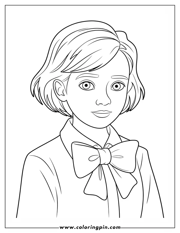 Line art of a girl with a bob haircut, wearing a collared shirt and a large bow.