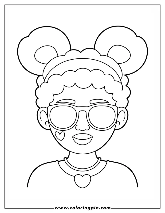 Line art of a girl wearing sunglasses and a heart necklace