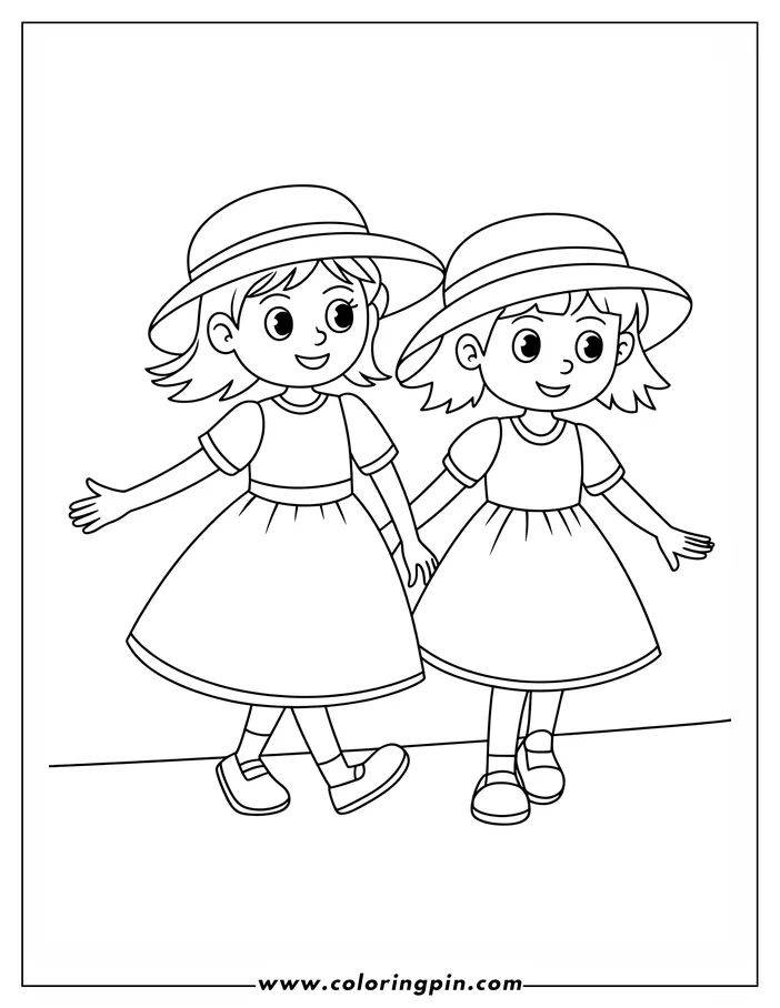 Two girls holding hands, wearing sunhats and dresses