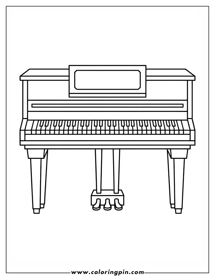 Line art of a grand piano with a closed lid, keyboard, music stand, and three pedals.