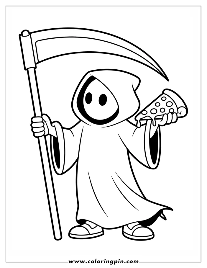 Cartoon Grim Reaper holding a scythe and a slice of pizza