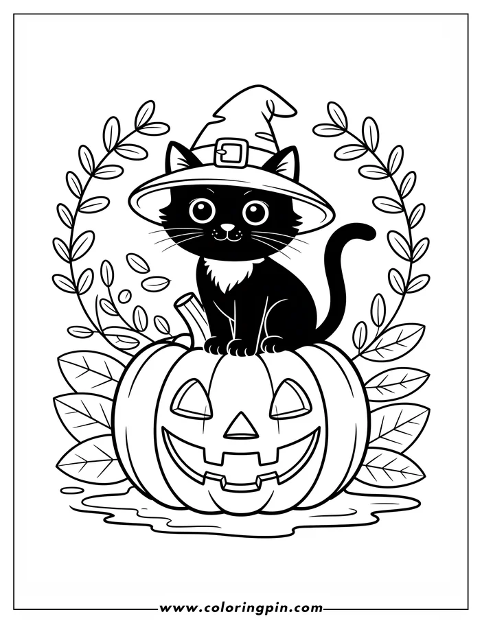 Halloween-themed coloring page: A cat wearing a wizard hat sits on a carved pumpkin. Leafy branches create a festive frame around the design.
