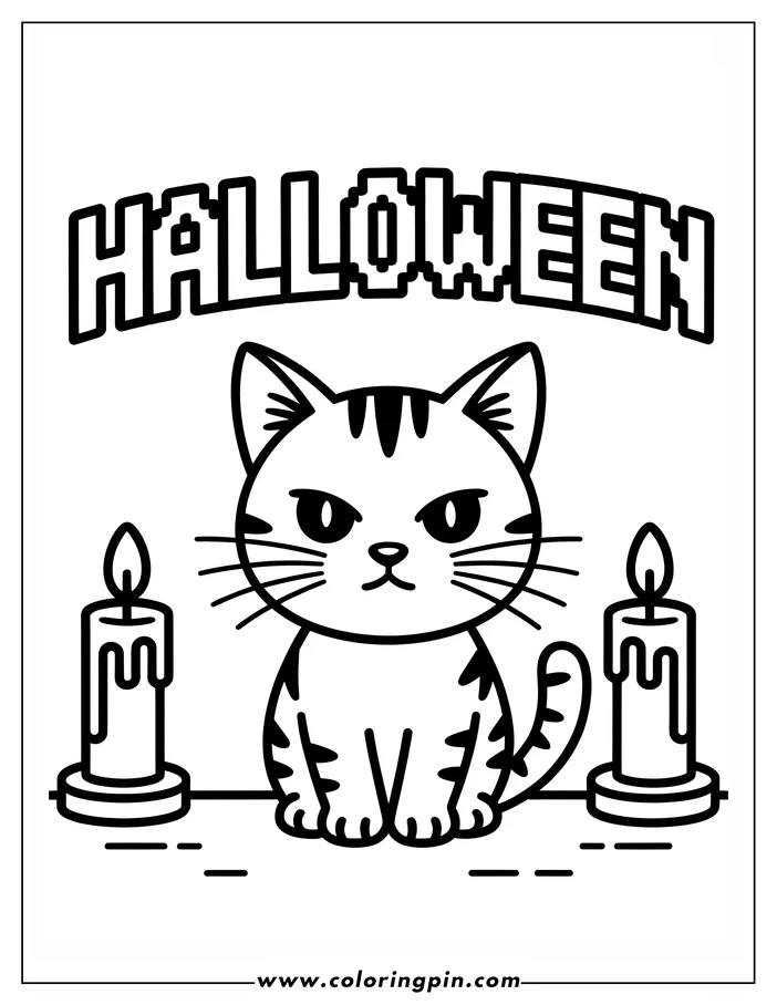 Halloween-themed coloring page: A cat sits between two lit candles, with the word "HALLOWEEN" above. The cat has stripes and a stern expression. This simple scene features basic shapes and thick outlines.