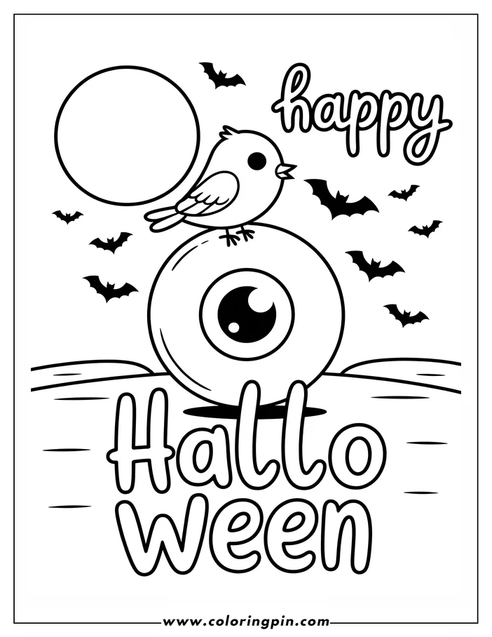 Halloween-themed coloring page: A simple outline drawing of a large eyeball with a small bird perched on top. Several bats fly around it against a full moon backdrop. The words 'Happy Halloween' are written above the scene. Ready to be colored!