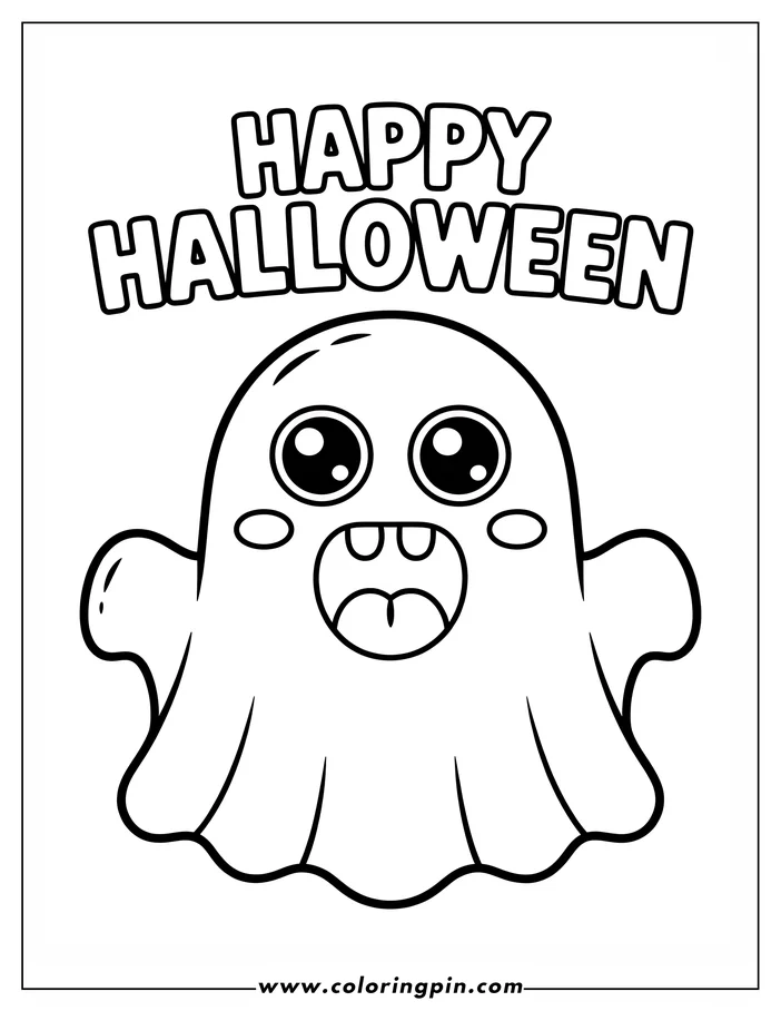 Halloween-themed coloring page: A cartoon ghost with big, happy eyes and an open mouth smiles cheerfully. The words "Happy Halloween" appear above the ghost. This line art is ready for coloring.