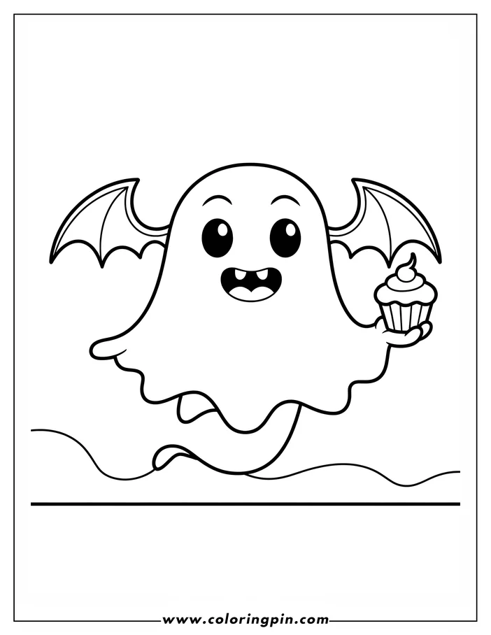 Line art of a friendly ghost with small bat wings holding a cupcake. The ghost has a cheerful expression with large round eyes and a wide smile. It floats above a wavy ground line. This simple drawing is designed as a Halloween coloring page.
