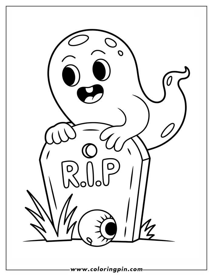 Halloween-themed coloring page: A cartoon ghost with a cheerful expression hovers behind a tombstone that reads "R.I.P." An eyeball rests in the grass near the tombstone's base. The scene is presented as a simple, printable line art drawing, perfect for spooky holiday coloring.
