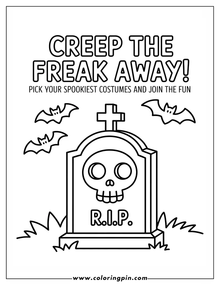 Halloween-themed coloring page: A simple line drawing of a gravestone featuring a skull, a cross, and "R.I.P." Three cartoon bats fly around the scene.