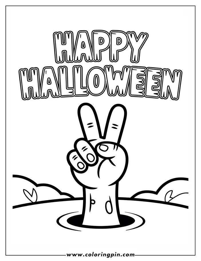 Halloween coloring page: A line art drawing depicts a hand rising from a grave. The hand makes a peace sign, and the words 'Happy Halloween' are written above. This simple, cartoonish image is designed for coloring.