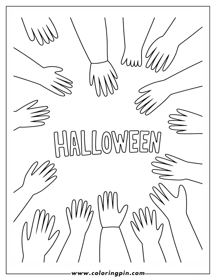 Simple line art drawing of multiple hands reaching towards the center, surrounding the word "HALLOWEEN." This Halloween-themed coloring sheet is perfect for kids and adults.
