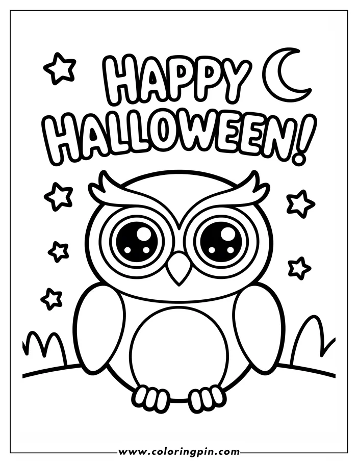 Halloween-themed coloring page showing a cartoon owl with large eyes sitting on the grass. Above the owl, the message 'Happy Halloween' is written amongst stars and a crescent moon. This image is a simple line art drawing suitable for coloring.