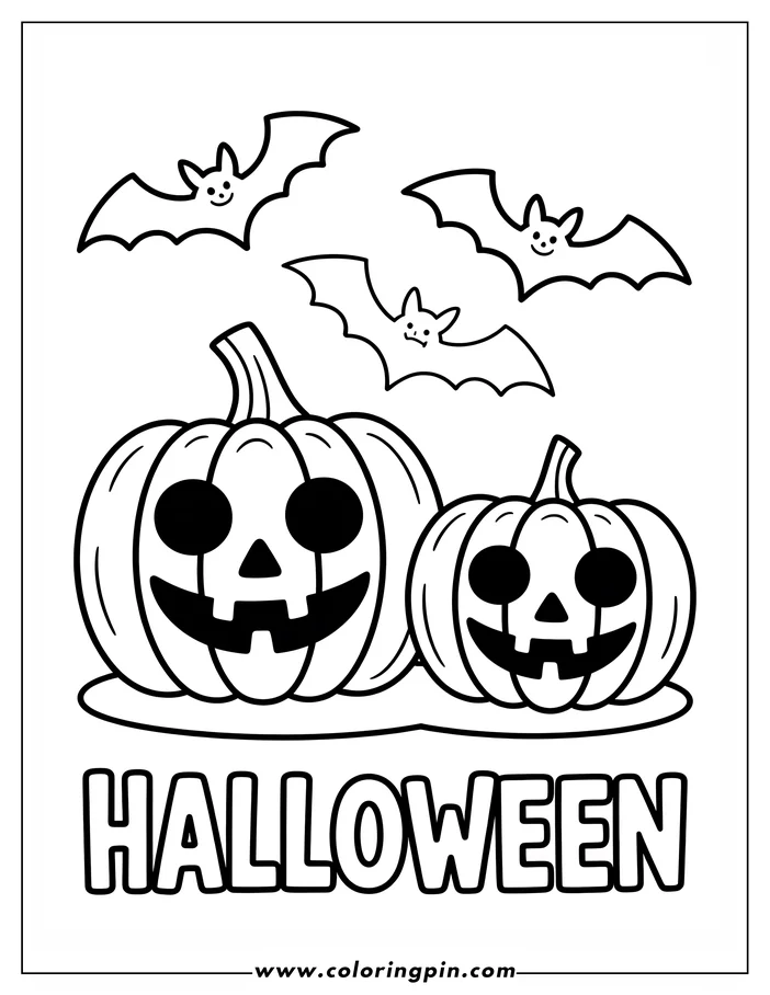 Halloween-themed coloring page: Two carved pumpkins with friendly faces sit on the ground, with three smiling bats flying overhead. Simple, bold lines make this illustration ideal for young colorists.