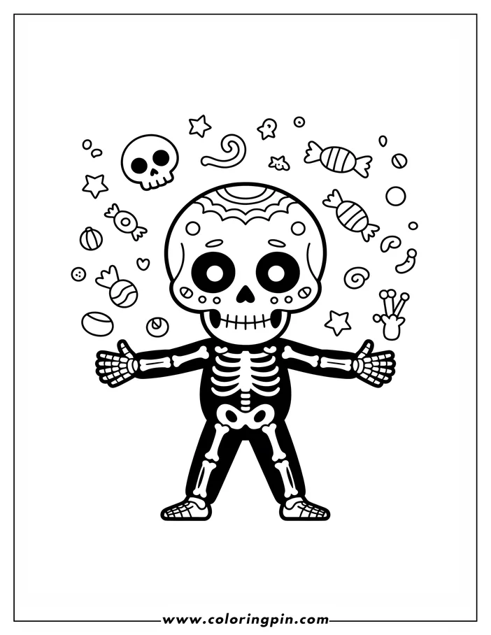 Line art of a cartoon skeleton for Halloween.  The skeleton has a decorated skull head and is surrounded by candies and stars.  It's presented as a coloring sheet design.