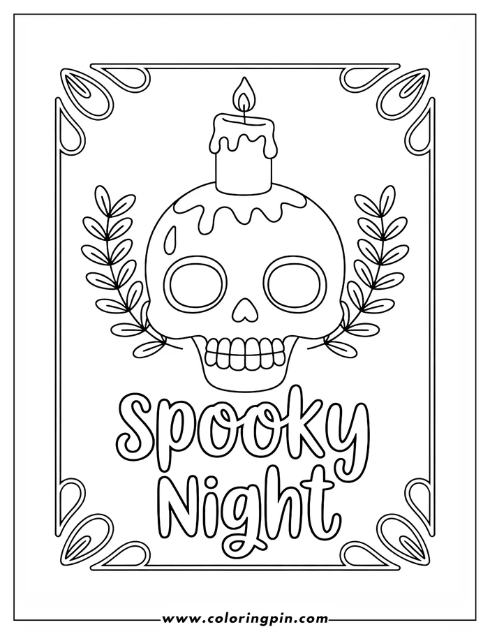 Halloween-themed coloring page: A skull with a lit candle on its head, flanked by branches with leaves, and the words "Spooky Night" below. This line art is ready for coloring.