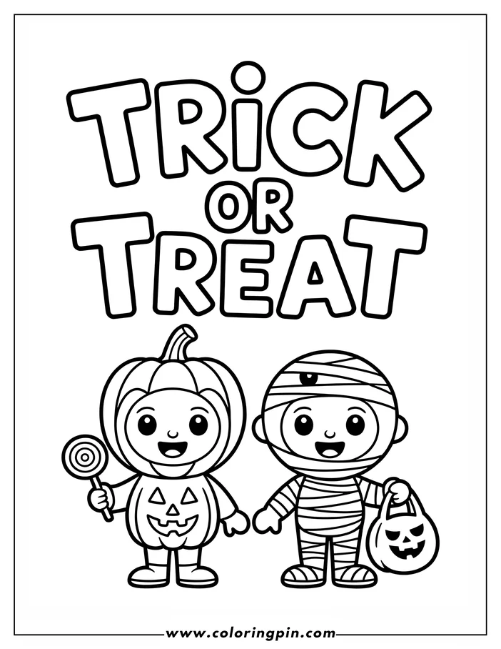 Halloween-themed coloring page: A child in a pumpkin costume holding a lollipop stands beside another child dressed as a mummy, carrying a jack-o'-lantern treat bag, below the words "TRICK OR TREAT".