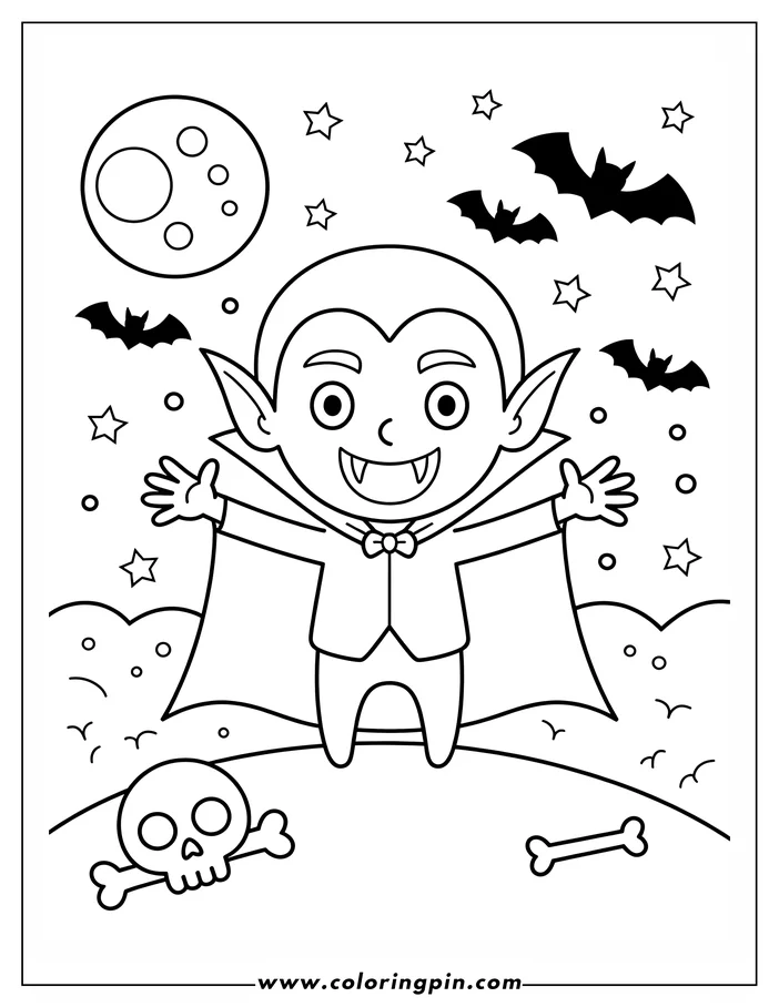 Halloween-themed coloring page: A cartoon vampire with a friendly expression stands with open arms. He wears a cape and a suit with a bow tie, and small fangs are visible. Bats, stars, and a cratered moon fill the night sky behind him. A skull and crossbones lie on the ground near his feet, adding to the spooky scene.