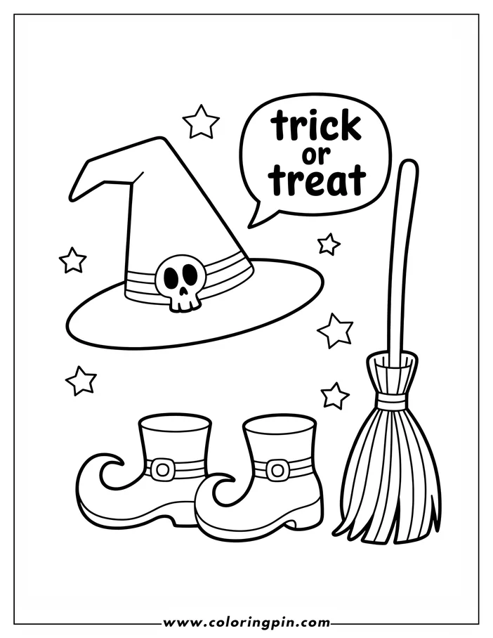 Halloween-themed coloring sheet design: A witch's hat with a skull, a pair of curled-toe boots, and a broom are shown, with stars and a "Trick or Treat" speech bubble. This simple line art is ready for coloring.