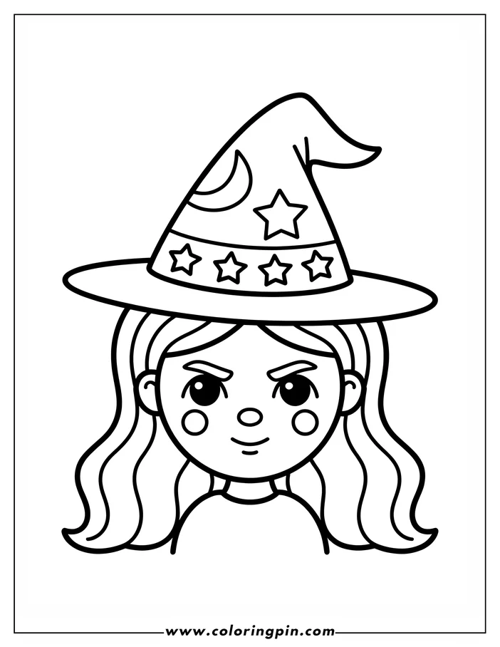 Line art of a Halloween witch. She wears a large pointed hat decorated with a crescent moon, stars, and more stars along the brim. The witch has long wavy hair and a mischievous expression, presented as a coloring sheet design.